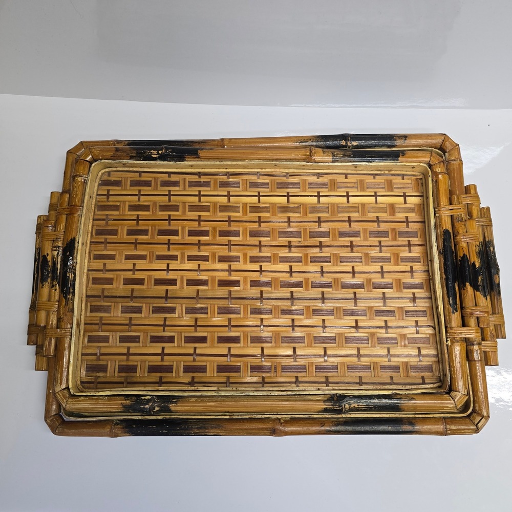 Vintage Tortoise Bamboo Basketweave Serving Trays Set of 2 Brown Wicker Boho